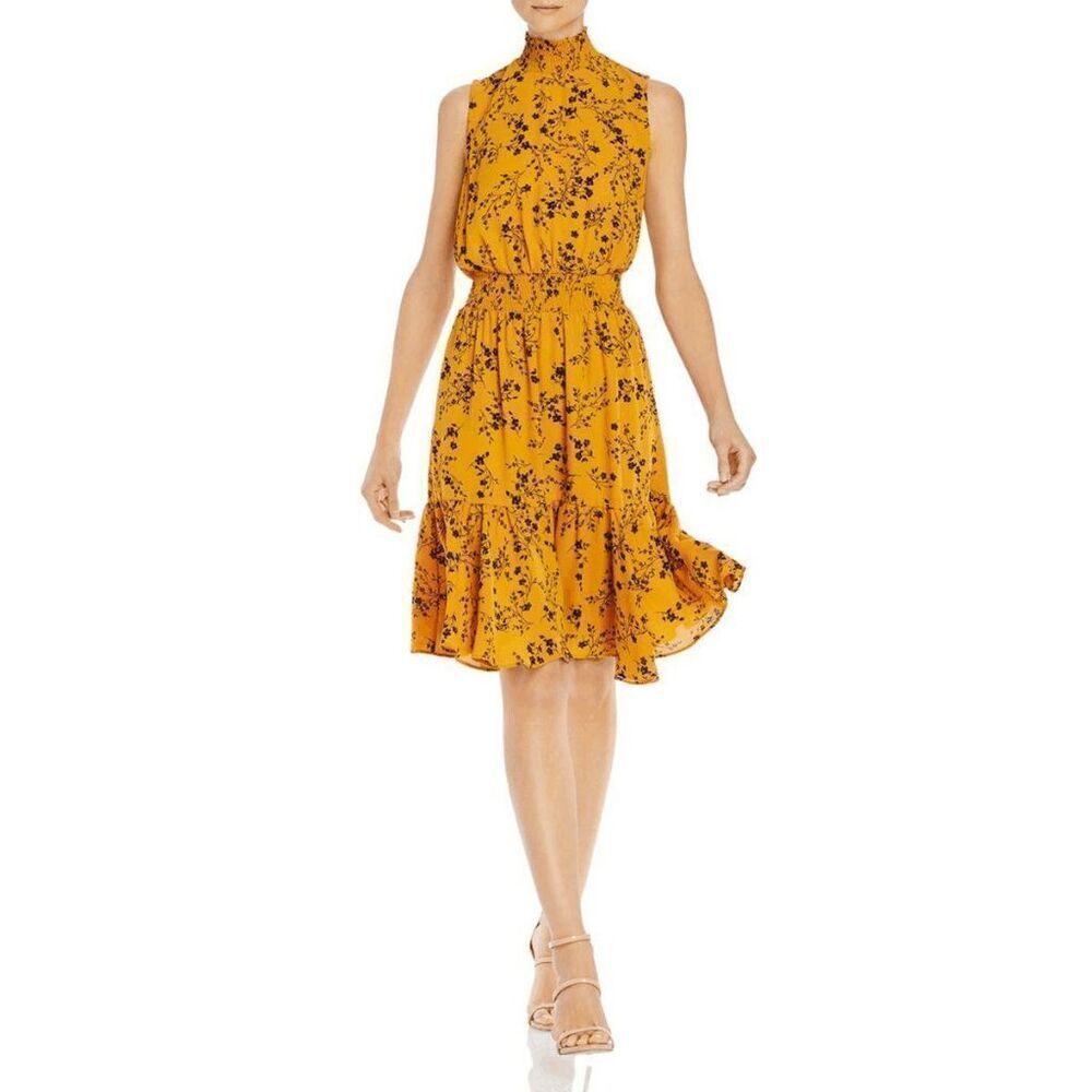 Nanette Lepore Women's Mustard and Black Floral Pleated High Neck Dress size 10